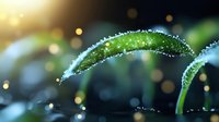 Young green plant sprout with morning dew drops in sunlight, macro photography showing water droplets on curved leaf against blurred bokeh background.