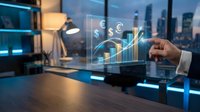 Businessman analyzing financial growth charts with currency symbols on holographic display in modern office with city skyline view for business analytics and investment concepts.