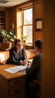 Female lawyer with glasses and dark blazer consulting with male client in warm-toned wooden office with natural light from large window, suitable for legal services and business consultation marketing.