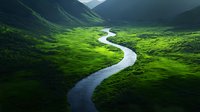 Meandering river flows through lush green valley with dramatic mountain slopes, creating natural curves in vibrant landscape under moody atmospheric light.