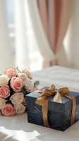 Elegant black gift box with golden ribbon beside pink and white roses bouquet on white fabric. Romantic celebration setting with soft window light.