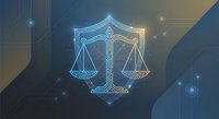 Digital justice scales glowing with blue neon light on dark tech background for legal technology and cybersecurity concepts.