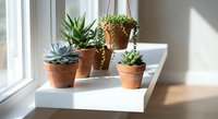 Small succulent plants in terracotta pots arranged on white windowsill with natural sunlight creating shadows for home decor and gardening concepts.