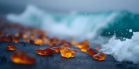Amber sea glass pieces scattered on wet dark sand with ocean waves and foam creating natural coastal treasure scene for jewelry making and beach crafts.