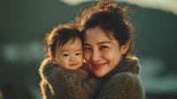 Young Asian mother embracing adorable baby in cozy knit sweater during golden hour light creating warm intimate family moment at home.