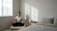 Young Asian woman practicing meditation in lotus position on bed in minimalist bedroom with natural sunlight streaming through window.