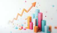 Colorful business graph showing growth with ascending arrow and bar chart in pink, orange and turquoise colors on light background with bokeh effect.