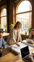 Mature woman architect reviewing blueprints with diverse team in modern loft office with large arched windows overlooking cityscape. Collaborative workspace design.