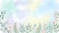 Soft watercolor floral background with pastel green leaves, ferns, roses, and wildflowers on a dreamy gradient sky for cards and invitations.