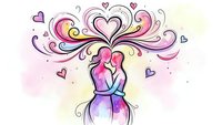 Romantic couple embracing with decorative heart swirls and flourishes in watercolor style on white background for wedding and love designs.