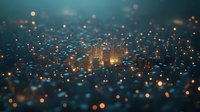 Glowing cityscape with illuminated skyscrapers emerging through magical bokeh lights creating dreamy urban atmosphere at night. Soft focus photography for mood and ambiance.