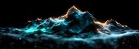 Glowing turquoise mountain peaks emerge through mystical golden clouds against dark background, creating dramatic ethereal landscape with luminous effect.