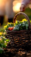 Fresh garden harvest in rustic woven basket with tomatoes and leafy greens, backlit by warm sunset light creating magical atmosphere in vegetable garden.
