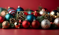 Festive arrangement of colorful Christmas ornaments with pine cones and evergreen branches against a rich red background for holiday decorating.
