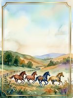 Watercolor illustration of four horses galloping through rolling countryside landscape with golden frame border, suitable for equestrian art, home decor, and editorial design projects.