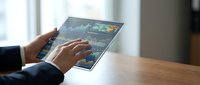 Business professional using tablet computer for data analysis and financial charts review at modern office desk.