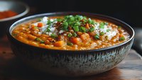 Hearty lentil soup with fresh herbs and vegetables served in rustic ceramic bowl on wooden table for healthy comfort food recipes and cooking blogs.