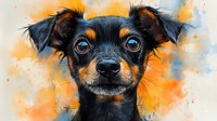 Miniature pinscher dog portrait with bright orange watercolor splash background, close up view of black and tan puppy face with expressive eyes and alert expression.