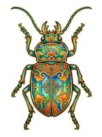 Ornate beetle with intricate floral patterns in turquoise, gold, and coral tones, isolated on white background for design and clipart use.