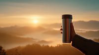 Golden travel mug held by person against breathtaking mountain sunrise with fog-covered valleys, capturing outdoor adventure moment.
