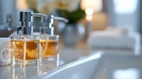 Glass soap dispensers with amber liquid on marble bathroom counter, soft focus composition with luxurious spa amenities and natural light creating elegant atmosphere.