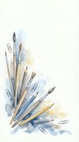 Watercolor paintbrushes and art supplies with soft blue and yellow paint splashes on light background for creative projects and artistic designs.