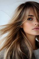 Young woman with flowing blonde hair and natural makeup wearing knit sweater, captured in soft light with windswept styling for beauty and fashion advertising.