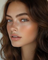 Young woman with freckles, natural makeup, and wavy brown hair in profile view. Soft lighting highlights glowing skin and blue eyes. Professional beauty portrait.
