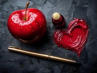 Fresh red apple with water drops next to golden pen and heart shape painted with red lipstick on dark textured background, romantic love letter concept.