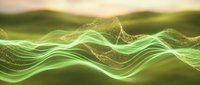 Abstract green energy waves flowing with golden particles in smooth motion creating dynamic digital landscape for technology and science backgrounds.