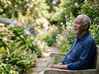 Senior African American man with gray beard wearing navy blue shirt sitting on bench in lush garden surrounded by blooming flowers and green foliage, relaxation and peaceful outdoor setting.
