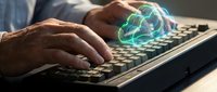 Hands typing on keyboard with glowing green cloud computing hologram overlay representing digital technology and data storage solutions for business.