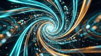 Abstract digital spiral with flowing cyan and gold light trails creating dynamic swirling motion against dark background for modern technology designs.