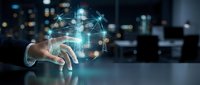 Businessman hand touching digital network globe with connected lines and data nodes in modern office environment for technology and business solutions.