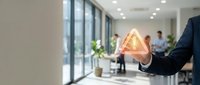 Modern businessman in dark suit holding glowing lightbulb icon, symbolizing innovation and creative business ideas in contemporary office environment with colleagues working.