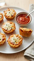 Mini pizza cups with melted cheese and herbs served on white plate with marinara sauce for appetizers and party snacks.