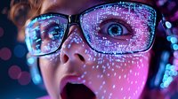 Young woman with surprised expression wearing glasses illuminated by digital projection mapping showing technology interface and neon lights in pink and blue colors.