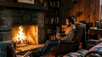 Young man relaxing in cozy cabin living room with crackling fireplace, reading book in comfortable armchair surrounded by warm wooden interior and bookshelves.