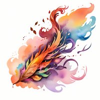 Magical phoenix feather in vibrant watercolor style with flowing abstract elements and swirling rainbow colors against white background, ready for creative projects.