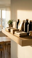 Minimalist bathroom shelf with organic skincare bottles, folded towels and small plant in warm natural sunlight creating peaceful spa atmosphere.
