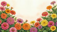 Colorful zinnia flowers in full bloom frame a soft pastel background, creating a vibrant floral border with copy space for text.