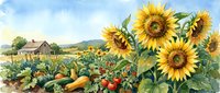 Watercolor painting of sunflowers and vegetable garden with farmhouse in rural countryside landscape. Organic farming and harvest season agricultural scene.