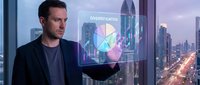 Businessman in dark casual attire interacting with holographic data visualization displaying colorful geometric shapes in modern high-rise office overlooking city skyline at dusk for technology and innovation concepts.