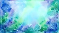 Watercolor digital technology background with circuit board patterns and network connections in blue and green tones, suitable for tech presentations and digital innovation concepts.
