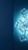 Transparent ice cubes stacked on deep blue background with glowing light effect, suitable for beverage, cooling, and refreshment marketing materials.