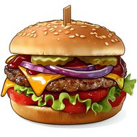 Juicy cheeseburger with beef patty, melted cheese, fresh vegetables, and sesame bun on white background, appetizing fast food illustration for menu design.