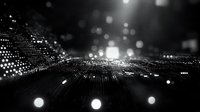 Abstract digital particle wave with glowing dots and bokeh effects on black background for technology presentations and futuristic design concepts.