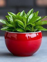 Fresh green houseplant with glossy leaves growing in modern round red ceramic pot against dark background, suitable for home decor and interior design concepts.