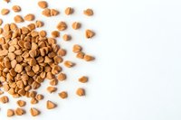 Scattered butterscotch baking chips on white background, food ingredient for cookies and desserts, isolated with copy space for text placement.