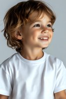 Cheerful young child with wavy brown hair wearing white t-shirt smiling brightly against light background, capturing genuine happiness and innocence in studio portrait.
